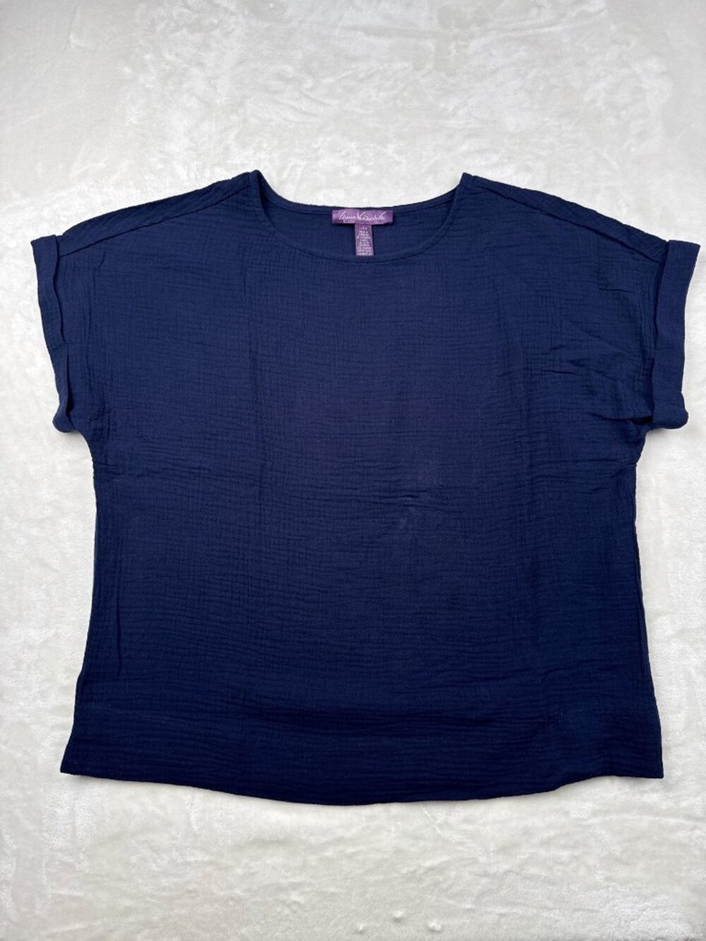 Gloria Vanderbilt Womens Navy Blue Cotton Textured Short Sleeve Top Size Large